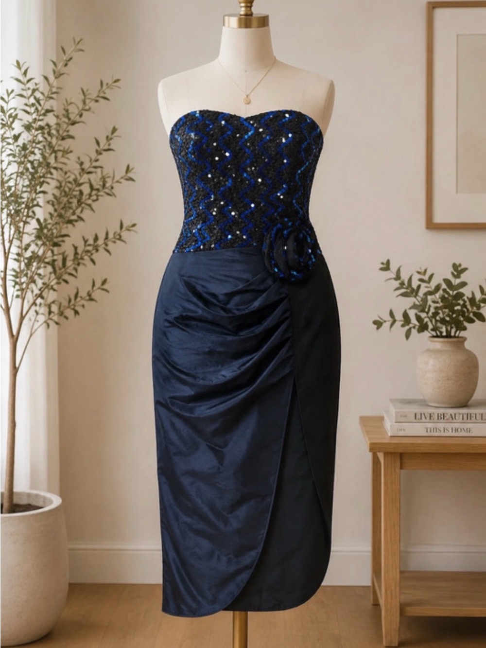 Jessica McClintock Navy Strapless Vintage late 90s Sequin-Bodice Midi Dress